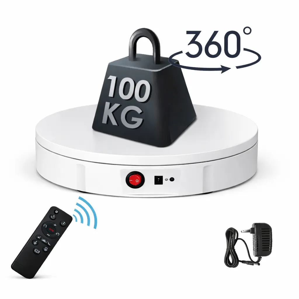 TURNTABLE ROTATING SANS FIL RECHARGEABLE AOMDOM EXPOSITION PRODUIT VIDEO PHOTOGRAPHY 360 30CM 100KG AVEC TELECOMMANDE ADJUSTABLE WHITE BLANC